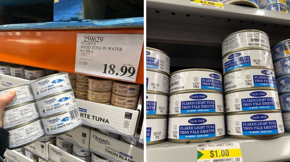 person holding cans of ocean's tuna at costco. right: cans of pacific pride tuna at dollarama