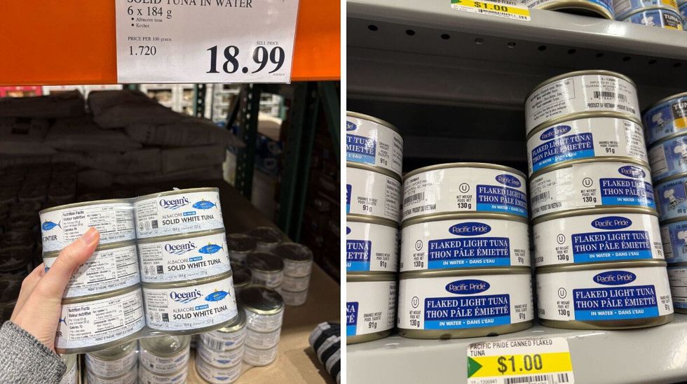 person holding cans on ocean's tuna at costco. right: cans of pacific pride tuna on shelf at dollarama