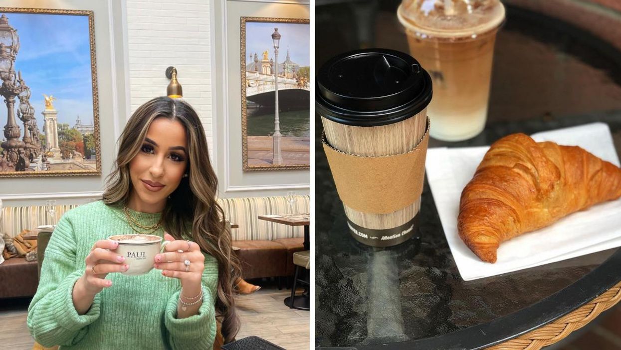 Person holding coffee in cafe. Right: Coffee to-go with croissant.