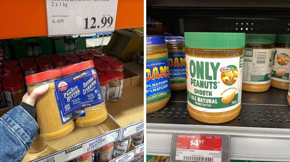 person holding costco kirkland signature natural peanut butter. right: kraft natural peanut butter jar on shelf at walmart