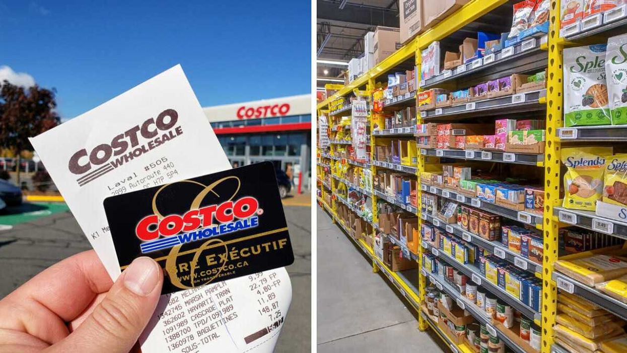 person holding costco membership card and receipt outside a store in canada. right: shelves in an aisle at a no frills store