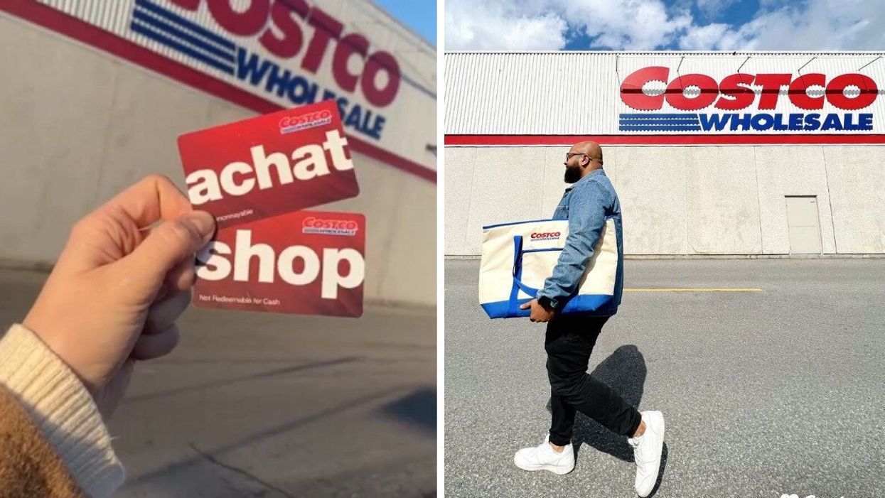 Person holding Costco Shop Cards. Right: Person walking in front of a Costco warehouse with a Costco bag.
