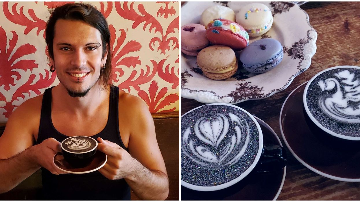 Person holding cup of black latte. Right: Two black lattes in front of a plate of colorful macarons.