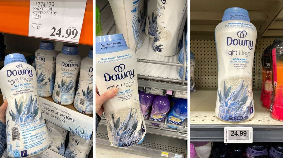 person holding Downy laundry beads at costco, walmart and loblaws