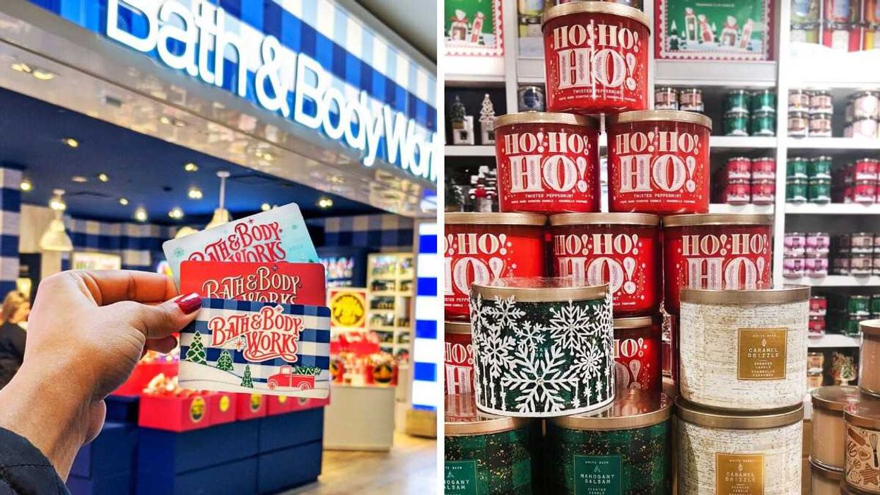 person holding gift cards in front of bath and body works store. right: bath and body works three-wick candles on display in a store
