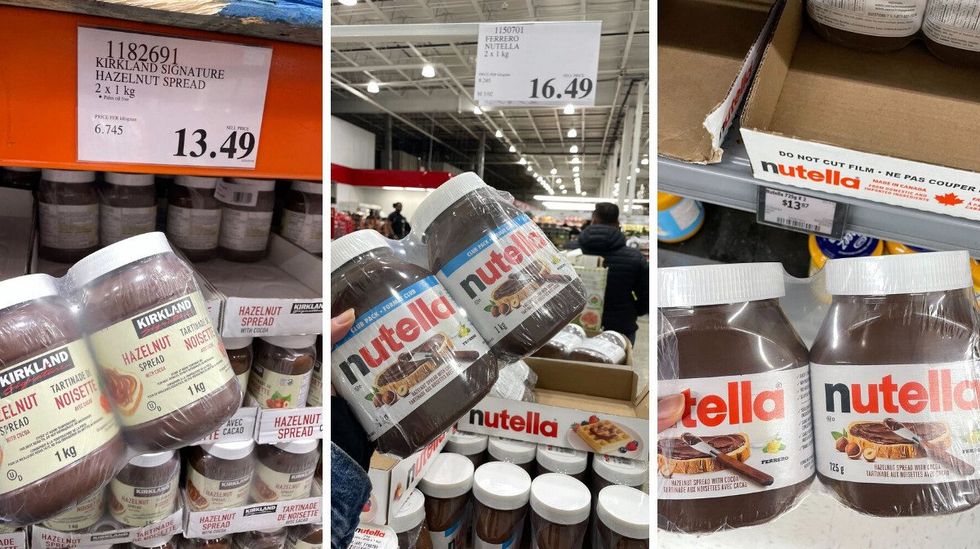 person holding hazelnut spread and nutella at costco and walmart