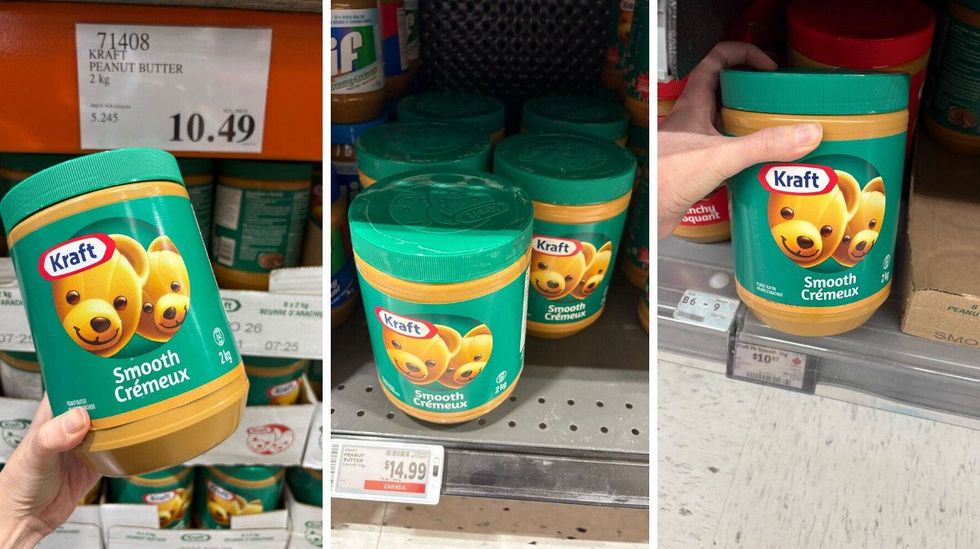 person holding jar of kraft peanut butter at costco. centre: jars of kraft peanut butter at metro. right: person holding jar of kraft peanut butter at walmart