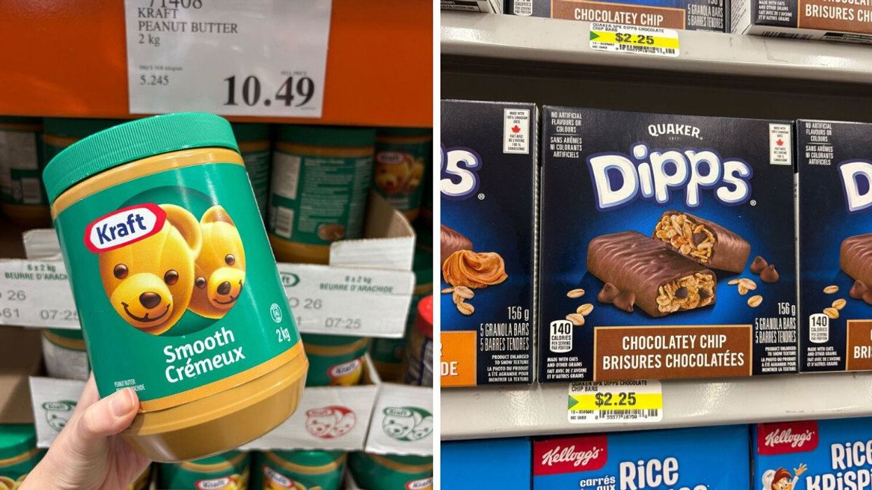 person holding jar of kraft peanut butter at costco. right: boxes of quaker dipps granola bars at dollarama