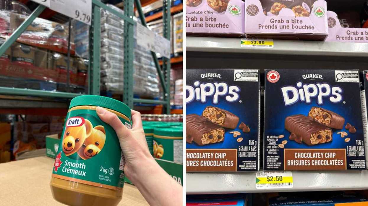 person holding jar of kraft peanut butter at costco. right: boxes of quaker dipps granola bars on shelf at dollarama