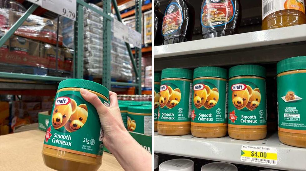 person holding jar of Kraft peanut butter at Costco. Right: jars Kraft peanut butter on shelf at Dollarama