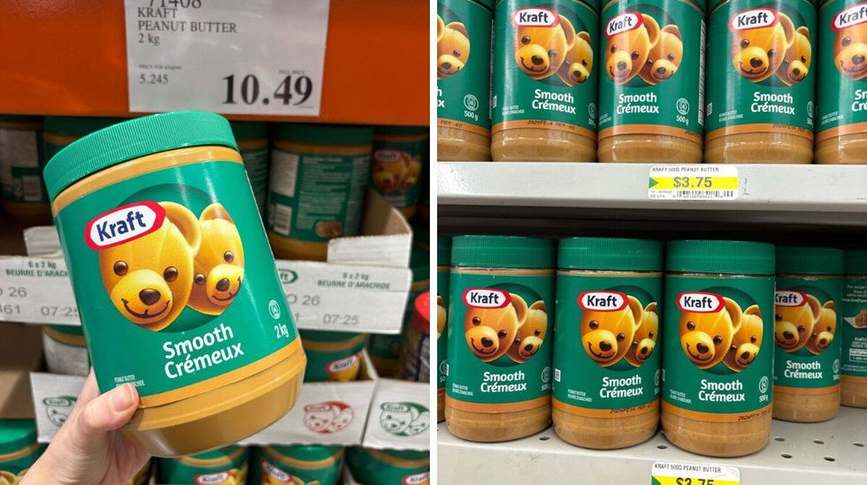 person holding jar of Kraft peanut butter at costco. right: jars of Kraft peanut butter at dollarama