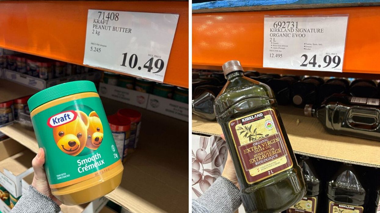 person holding jar of kraft peanut butter at costco. right: person holding bottle of kirkland signature olive oil