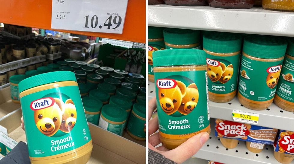 person holding jar of kraft peanut butter at costco. right: person holding jar of kraft peanut butter at dollarama