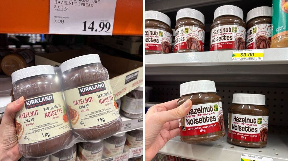 person holding jars of Kirkland Signature hazelnut spread at costco. right: person holding jar of hazelnut spread at dollarama