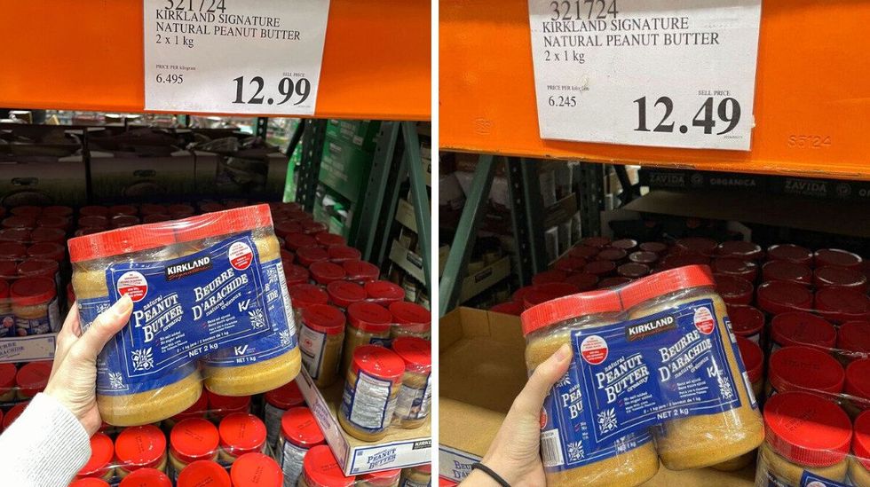 person holding jars of kirkland signature natural peanut butter at costco in 2025 and 2024