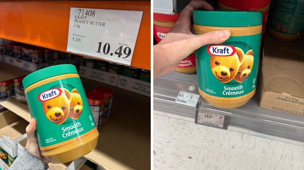 person holding jars of kraft peanut butter at costco and walmart