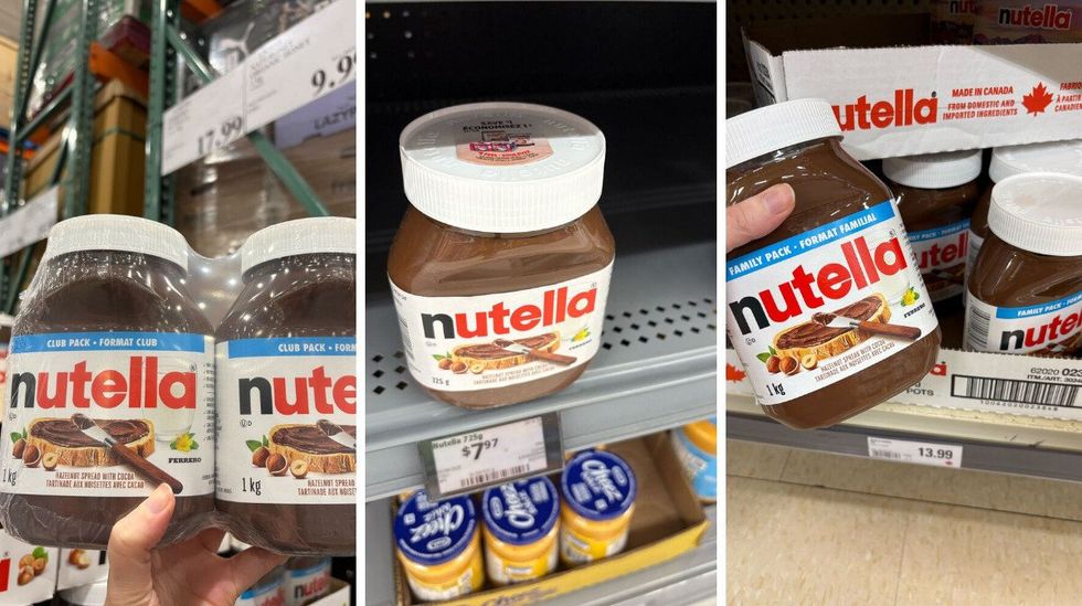 person holding jars of nutella at costco. centre: jar of nutella at walmart. right: person holding jar of nutella at loblaws