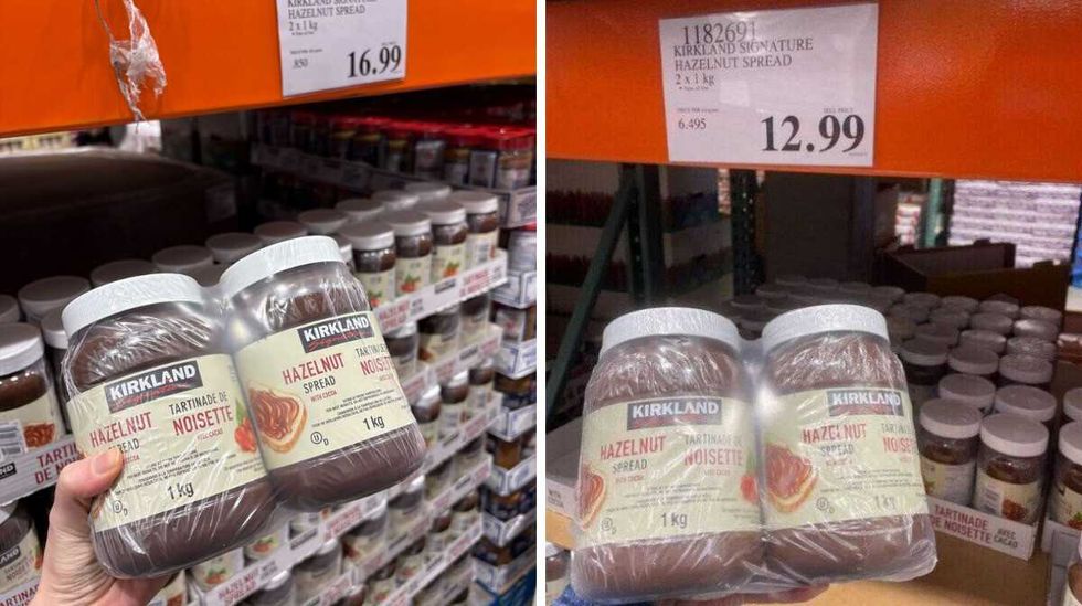 person holding jars of \u200bKirkland Signature hazelnut spread. Right: jars of Kirkland Signature hazelnut spread in 2023.