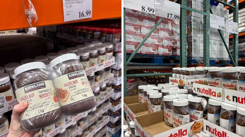 person holding jars of \u200bKirkland Signature hazelnut spread. Right: jars of Nutella at Costco.