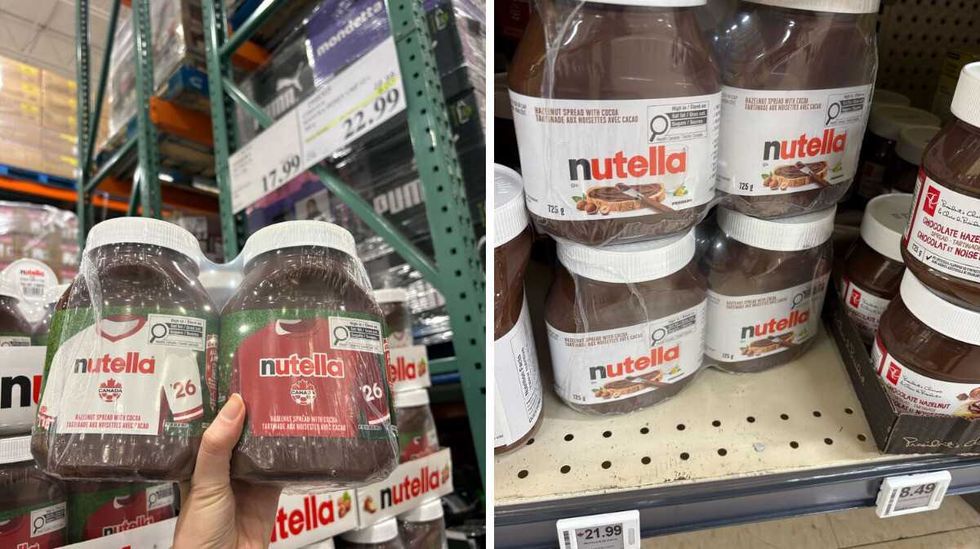 person holding jars of \u200bNutella at Costco. Right: jars of Nutella on shelf at Loblaws