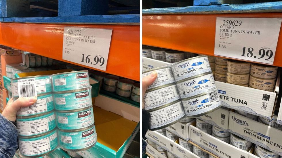 person holding kirkland signature and ocean's tuna at costco