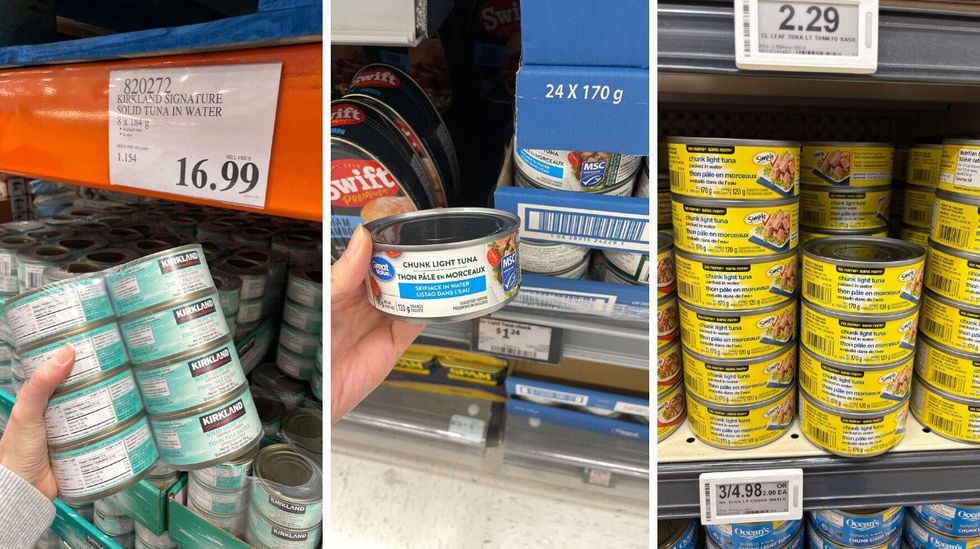 person holding kirkland signature canned tuna pack. centre: person holding great value tuna can. right: no name tuna cans on shelf