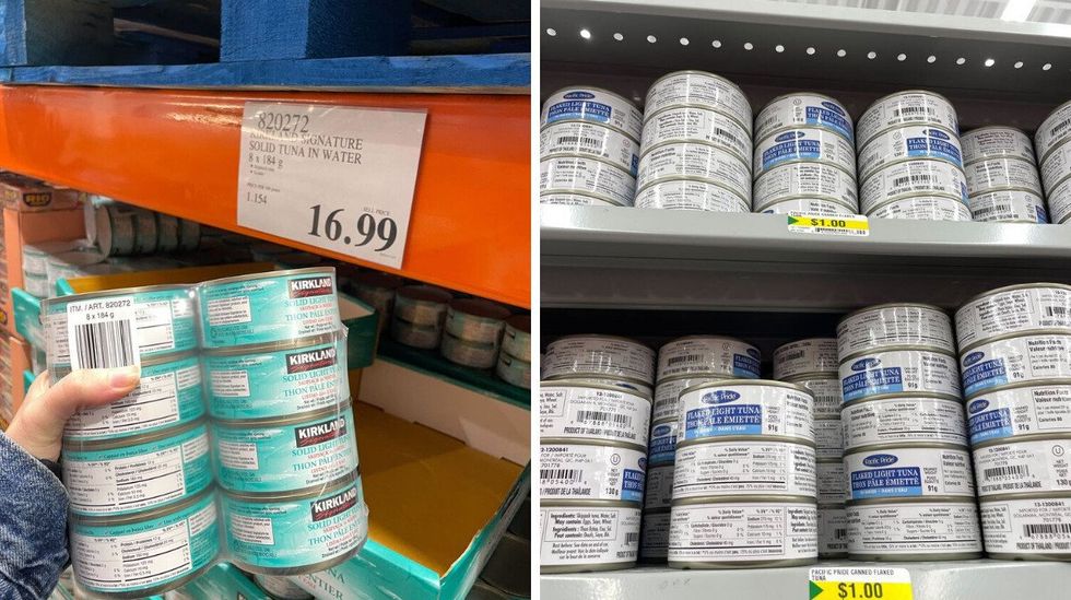 person holding kirkland signature canned tuna. right: canned tuna on shelves at dollarama