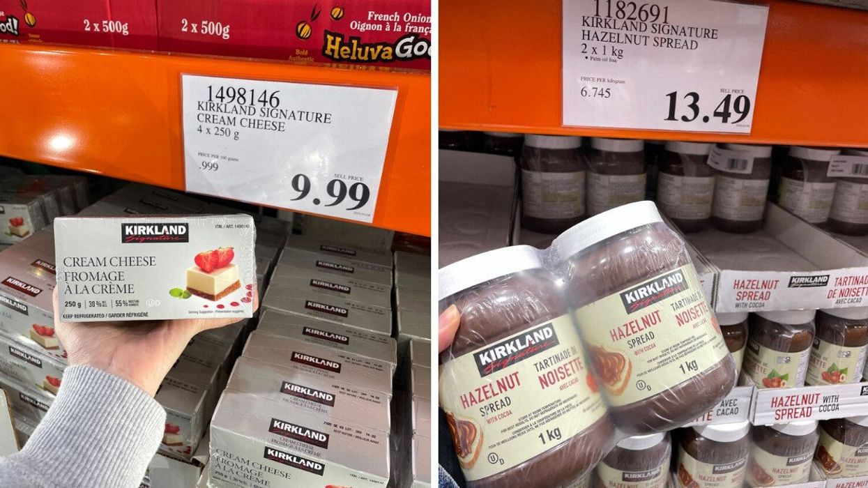 person holding kirkland signature cream cheese at costco. right: person holding kirkland signature hazelnut spread at costco