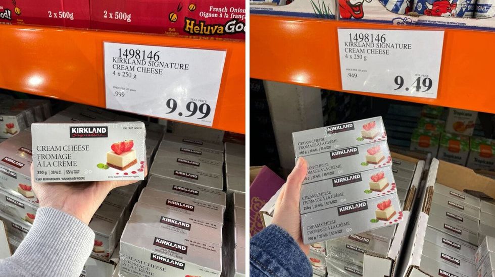 person holding kirkland signature cream cheese in 2025. right: person holding kirkland signature cream cheese in 2023