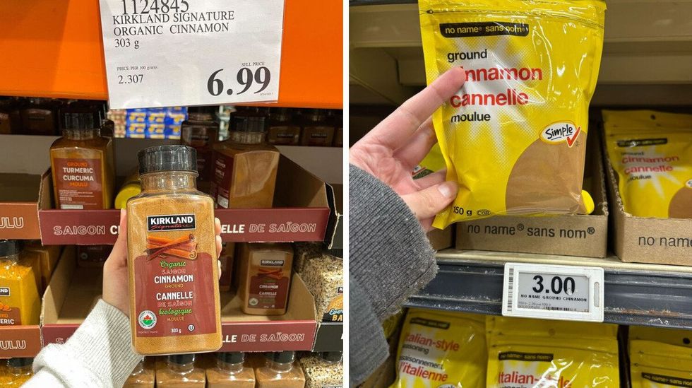 person holding kirkland signature ground cinnamon bottle at costco. right: person holding no name ground cinnamon bag at loblaws