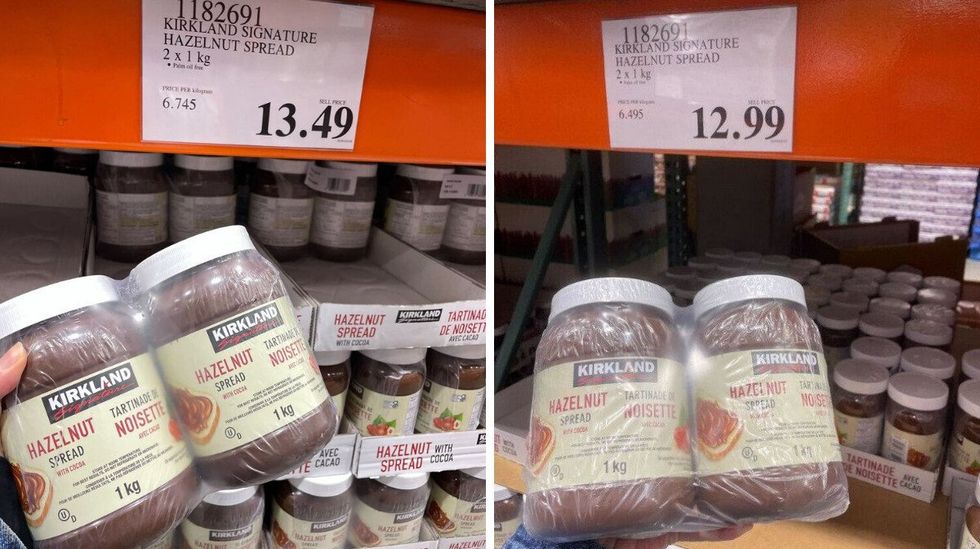 person holding kirkland signature hazelnut spread in 2025 and 2023