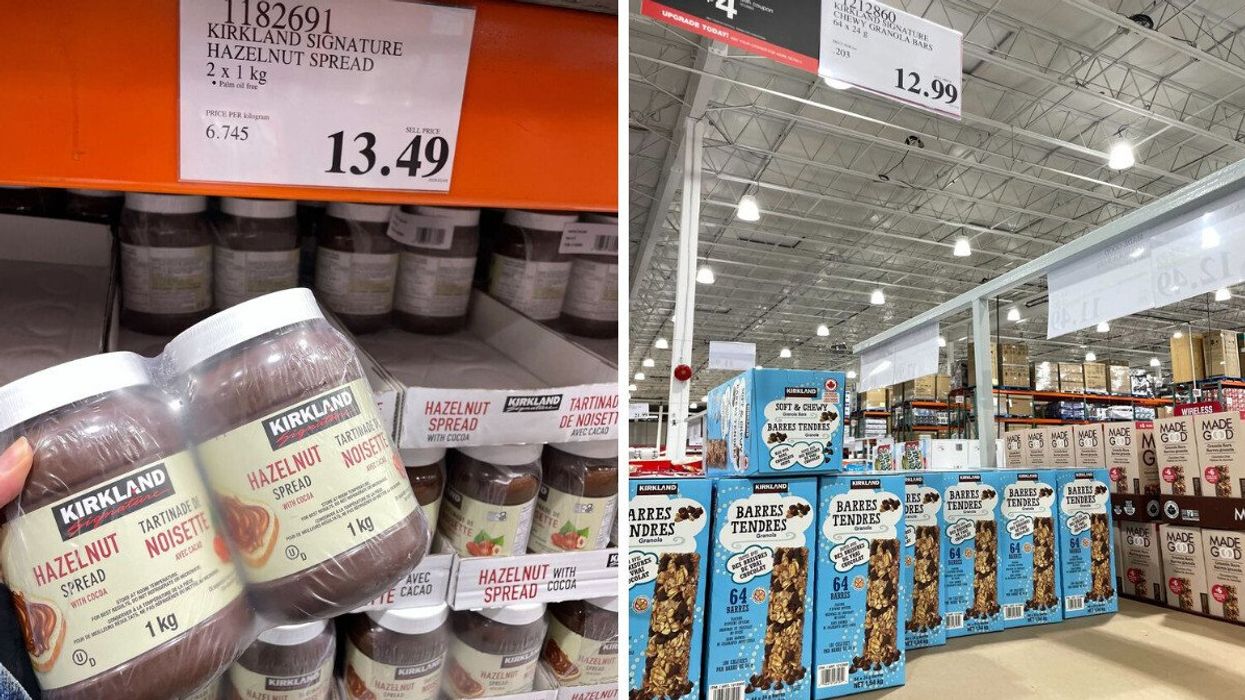 person holding kirkland signature hazelnut spread. right: boxes of kirkland signature chocolate chip granola bars at costco