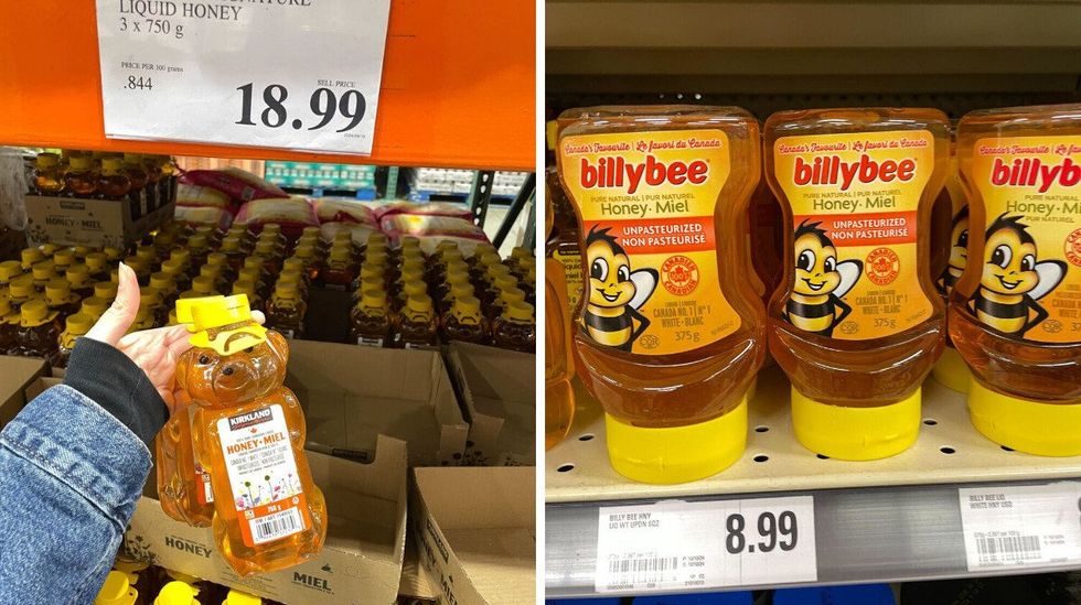 person holding kirkland signature honey at costco. right: billy bee honey at loblaws