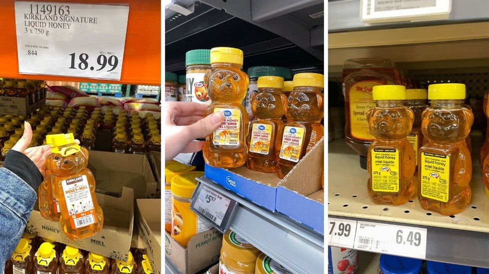 person holding kirkland signature honey. centre: person holding great value honey. right: no name honey