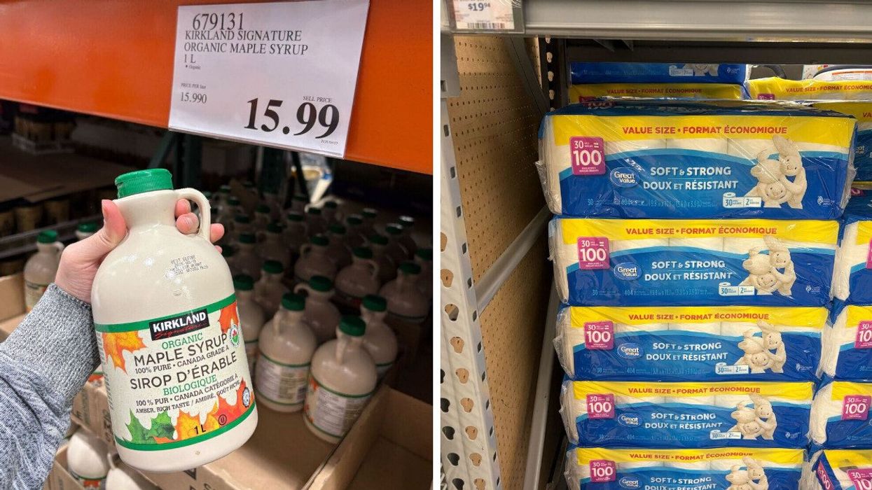 person holding kirkland signature maple syrup at costco. right: packs of great value toilet paper at walmart