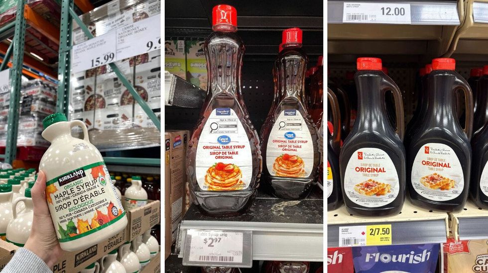 person holding kirkland signature maple syrup bottle. centre: great value maple syrup on shelf. right: president's choice maple syrup on shelf