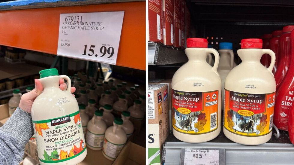 person holding kirkland signature maple syrup. right: bottles of maple crest maple syrup at walmart