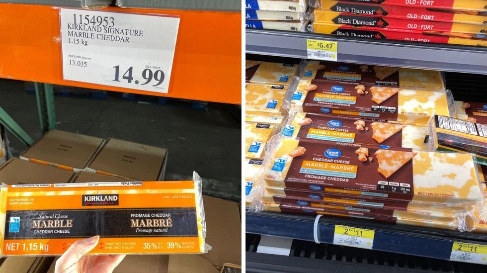 person holding Kirkland Signature marble cheese at Costco. Right: Great Value marble cheese at Walmart