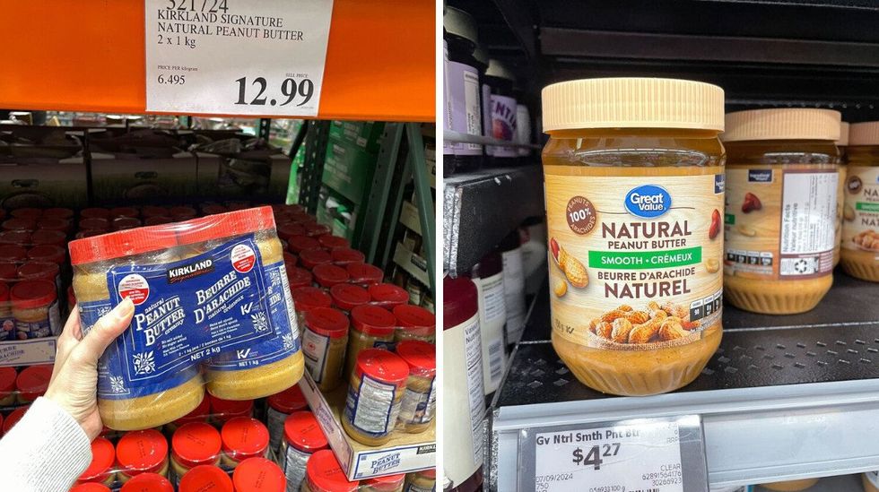 person holding kirkland signature natural peanut butter. right: great value peanut butter