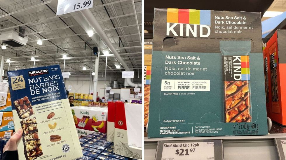 person holding kirkland signature nut bars. right: box of kind bars on shelf at walmart