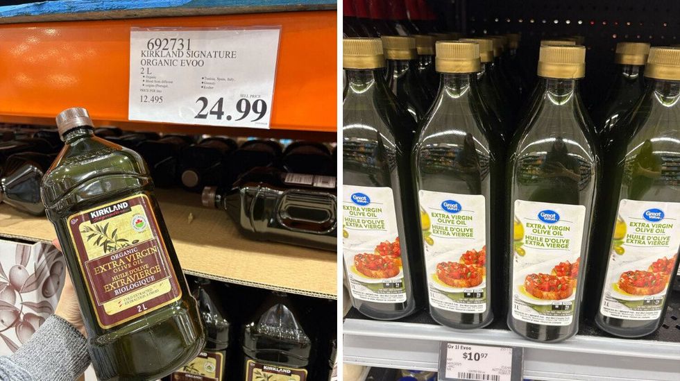 person holding kirkland signature olive oil. right: bottles of great value olive oil