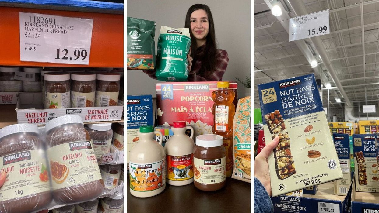 person holding kirkland signature products from costco and name-brand versions from grocery stores