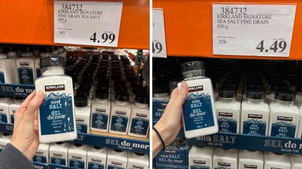 person holding Kirkland Signature sea salt. Right: person holding Kirkland Signature sea salt in 2024.