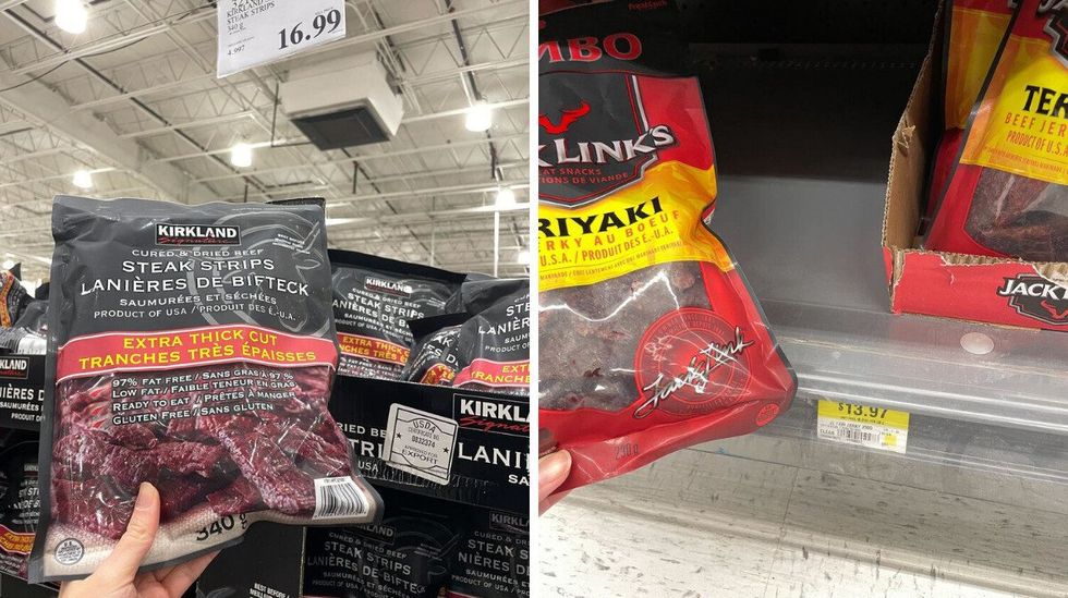 person holding kirkland signature steak strips at costco and jack link's beef jerky at walmart