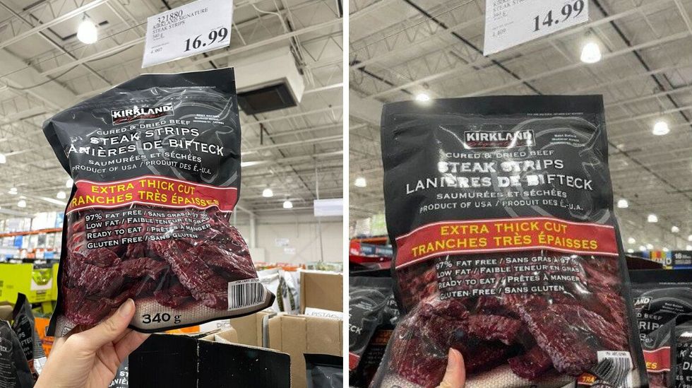 person holding Kirkland Signature steak strips in 2025 and 2024