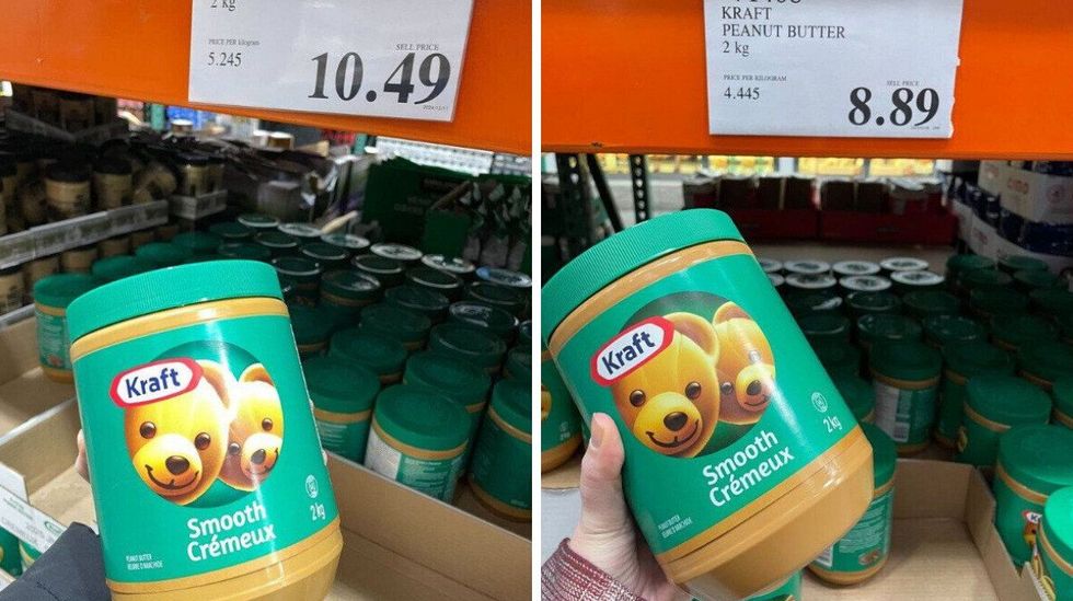 person holding kraft peanut butter at costco in 2025. right: person holding kraft peanut butter at costco in 2023