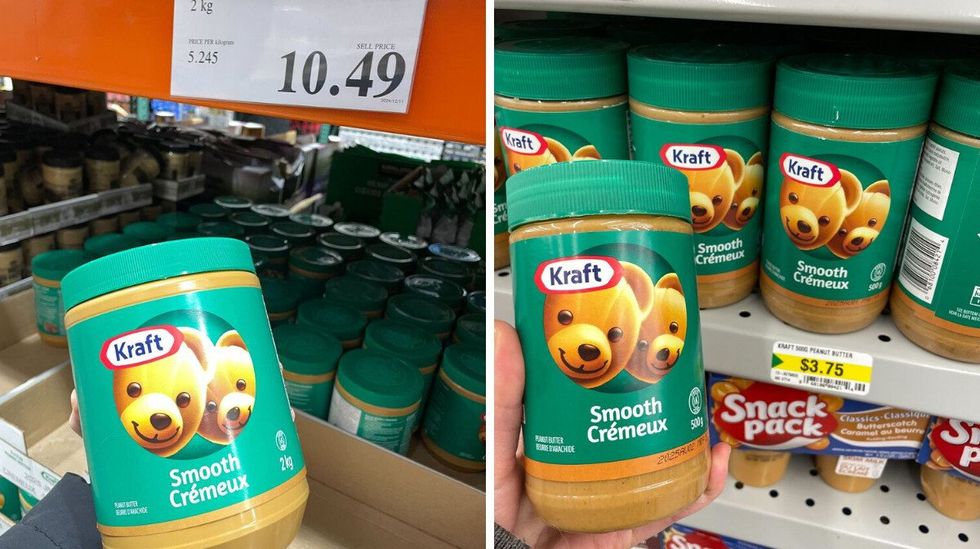 person holding kraft peanut butter jars at costco and dollarama