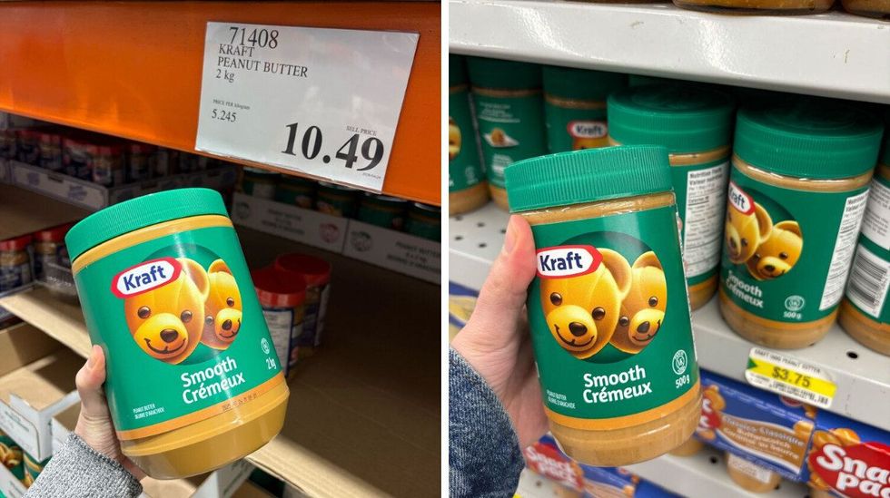 person holding kraft peanut butter jars at costco and dollarama