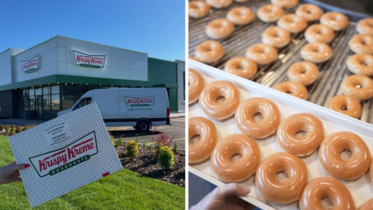 person holding krispy kreme box in front of store in calgary. right: person holding tray of krispy kreme donuts