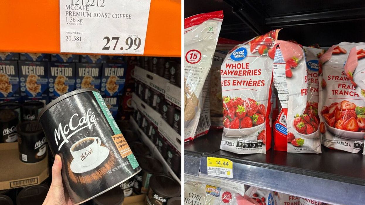 person holding mccafe coffee canister at costco. right: bags of great value frozen strawberries on shelf at walmart